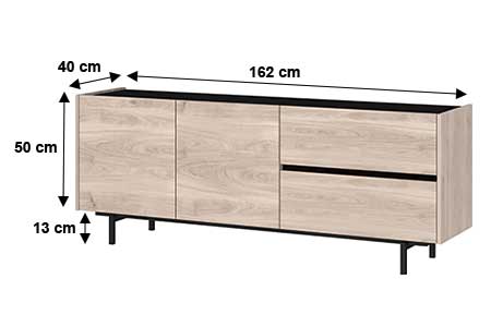 Dimensions détaillées du meuble tv 2 portes et 2 tiroirs