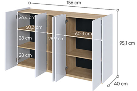 Dimensions détaillées du buffet 5 portes