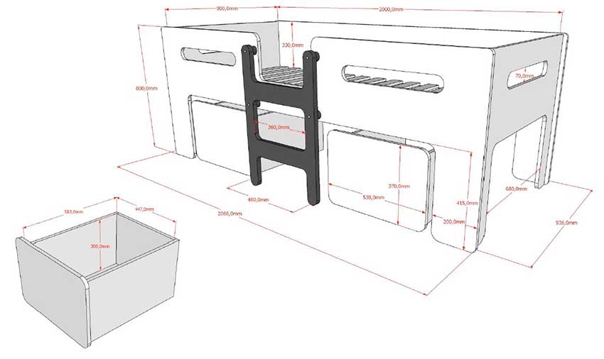 Dimensions détaillées du lit mi-hauteur enfant