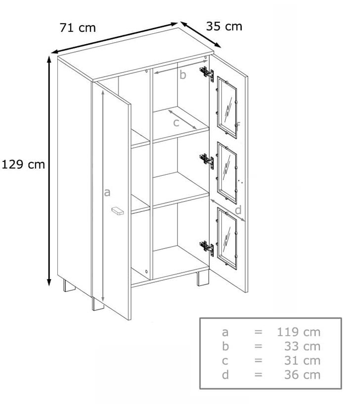 Vitrine basse avec dimensions détaillées