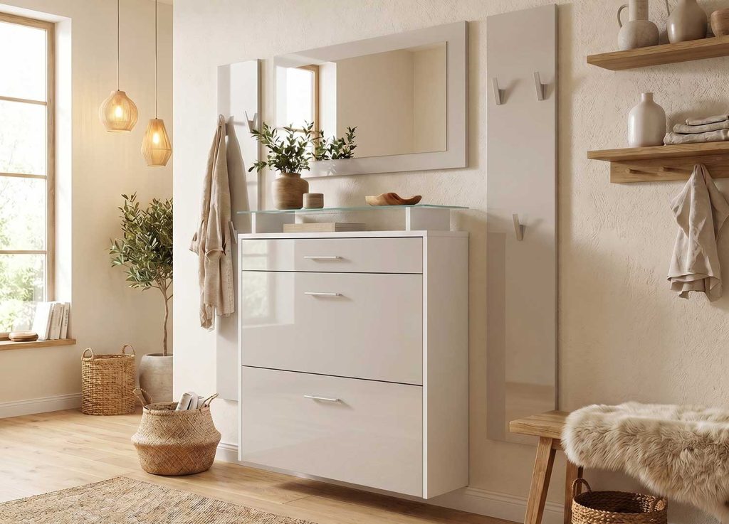 Meuble d'entrée chic grège et blanc
