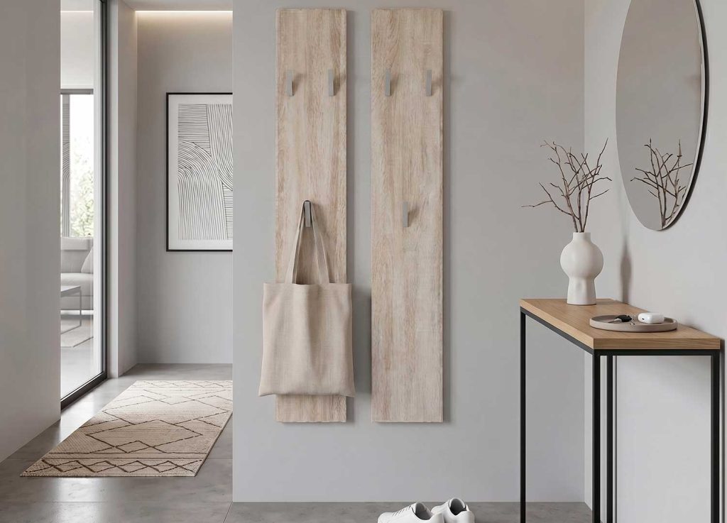 Porte-manteau mural ISA finition chêne clair avec 8 crochets gris