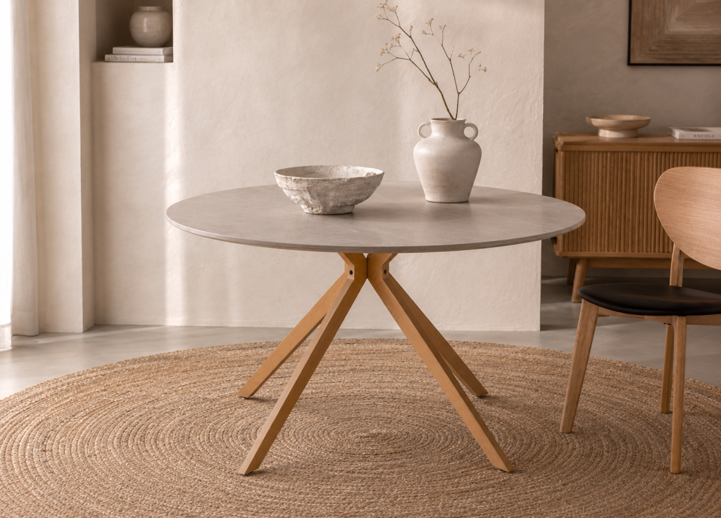 Table à manger ronde imitation pierre et bois