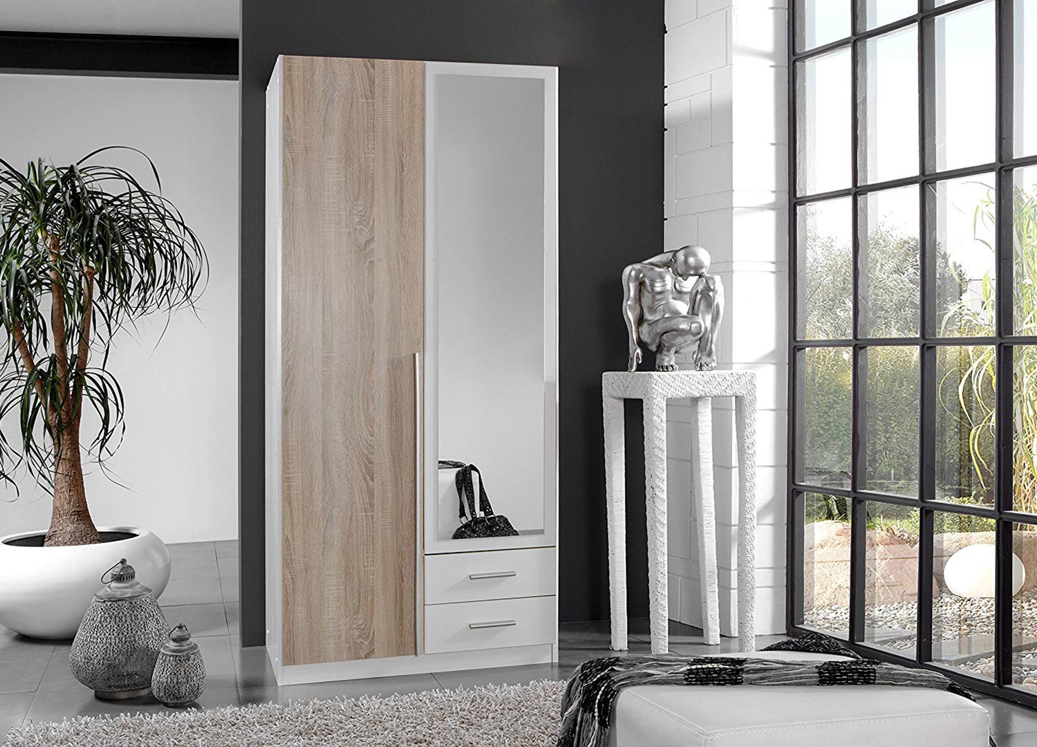 Armoire 2 portes blanche et chêne avec miroir