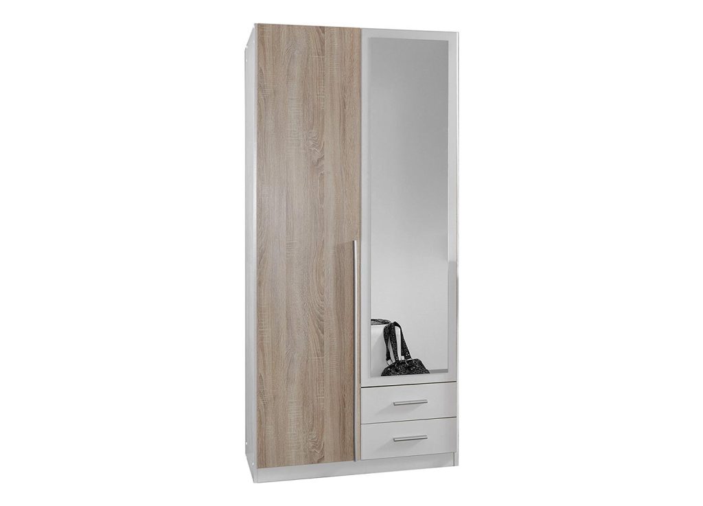 Armoire 2 portes blanche et chêne avec miroir