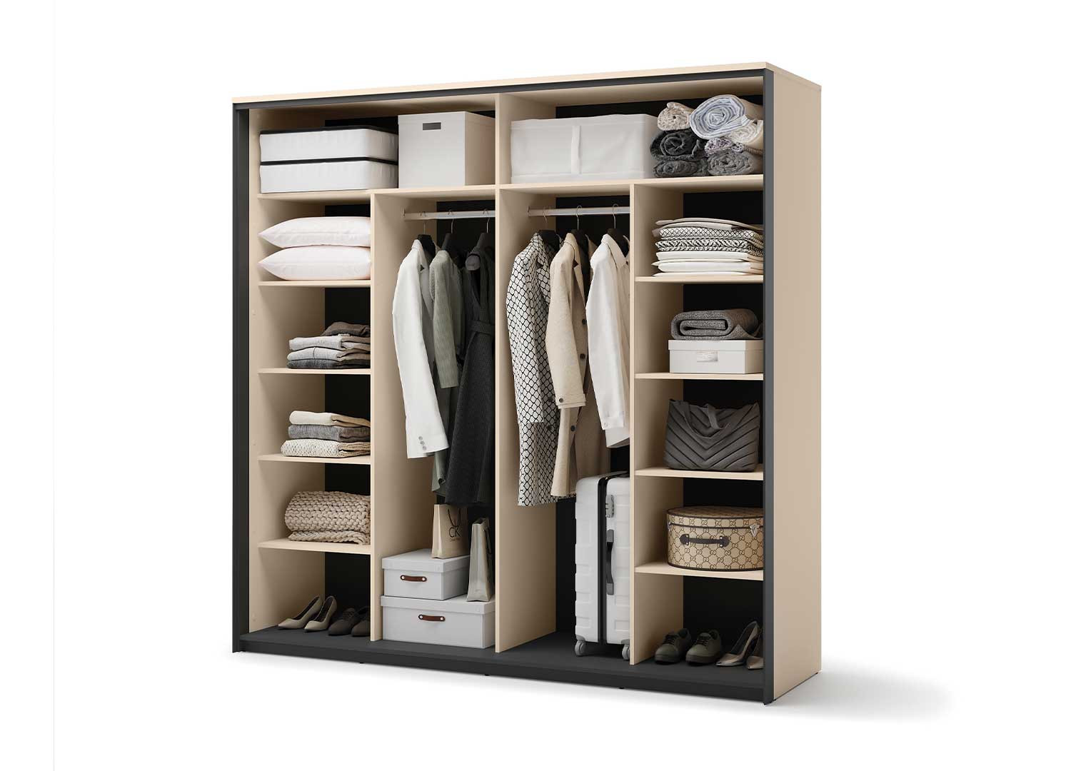 Armoire 2 portes coulissantes avec miroir beige et noir Natura