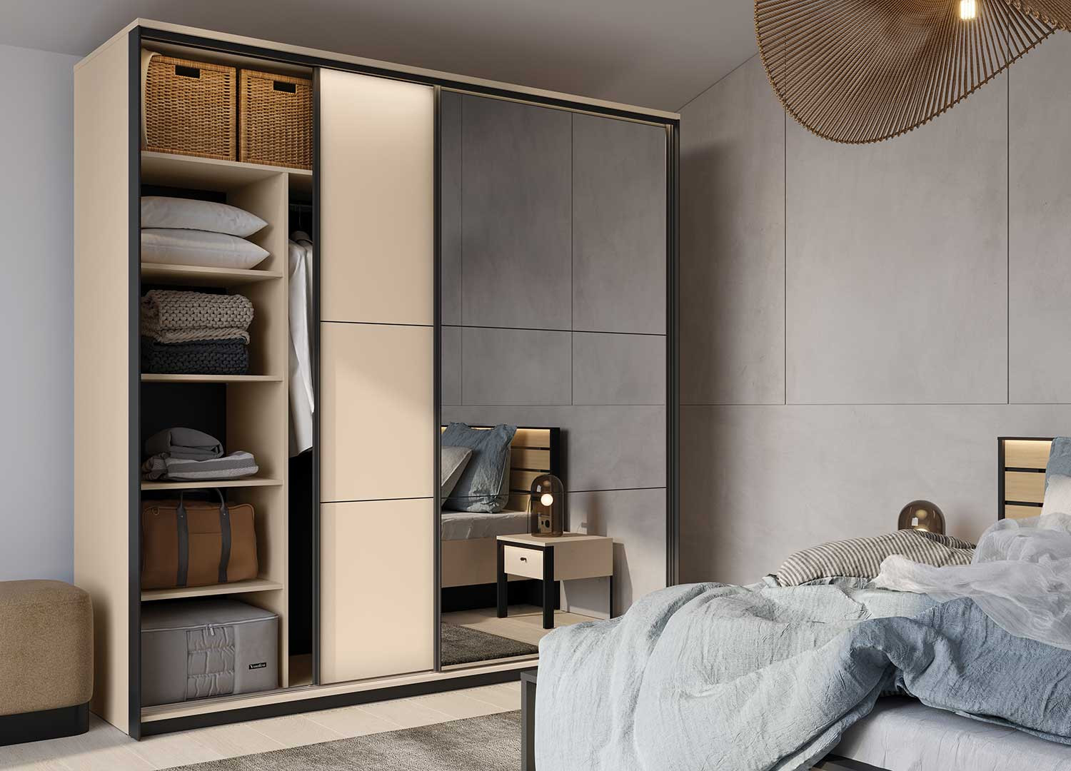 Armoire 2 portes coulissantes avec miroir beige et noir Natura