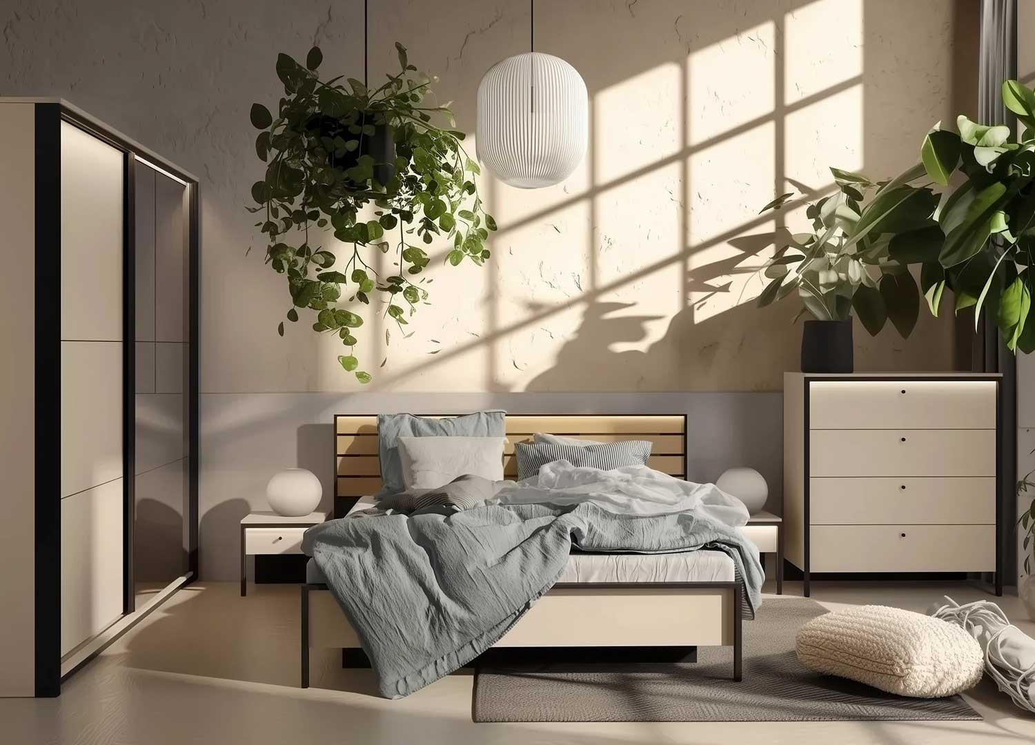 Armoire 2 portes coulissantes avec miroir beige et noir Natura
