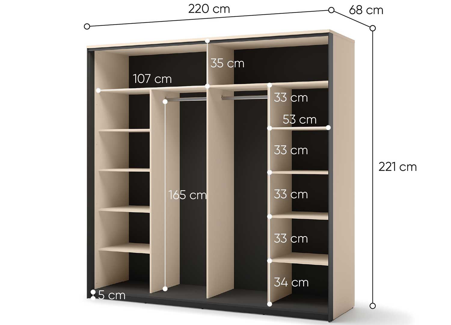 Armoire 2 portes coulissantes avec miroir beige et noir Natura