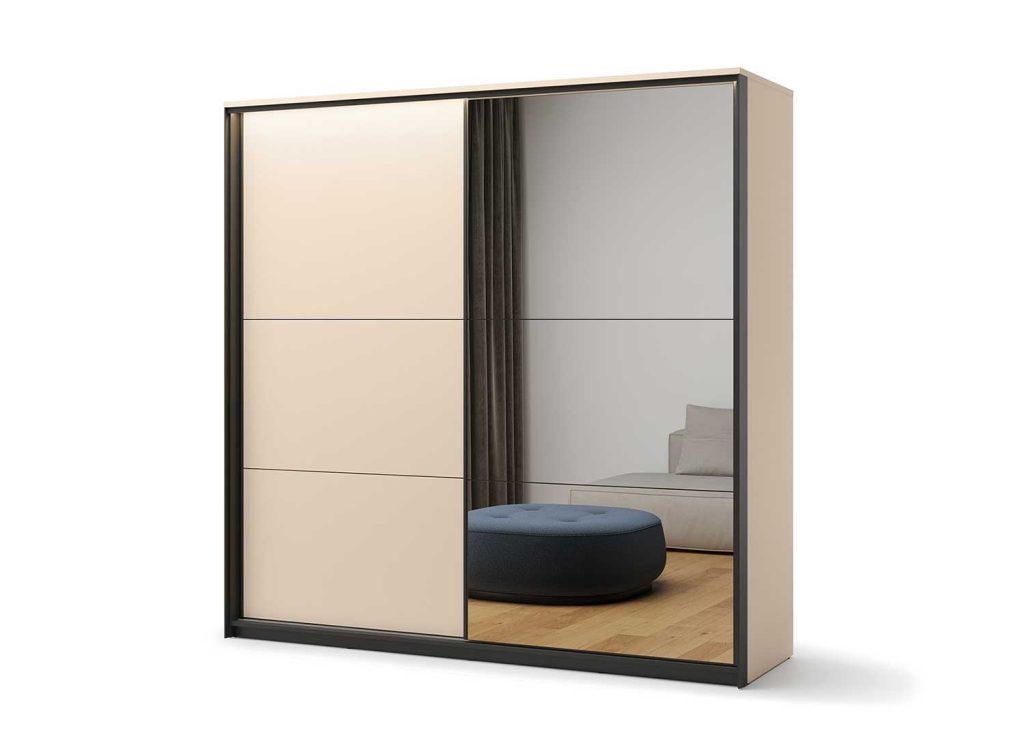 Armoire 2 portes coulissantes avec miroir beige et noir Natura