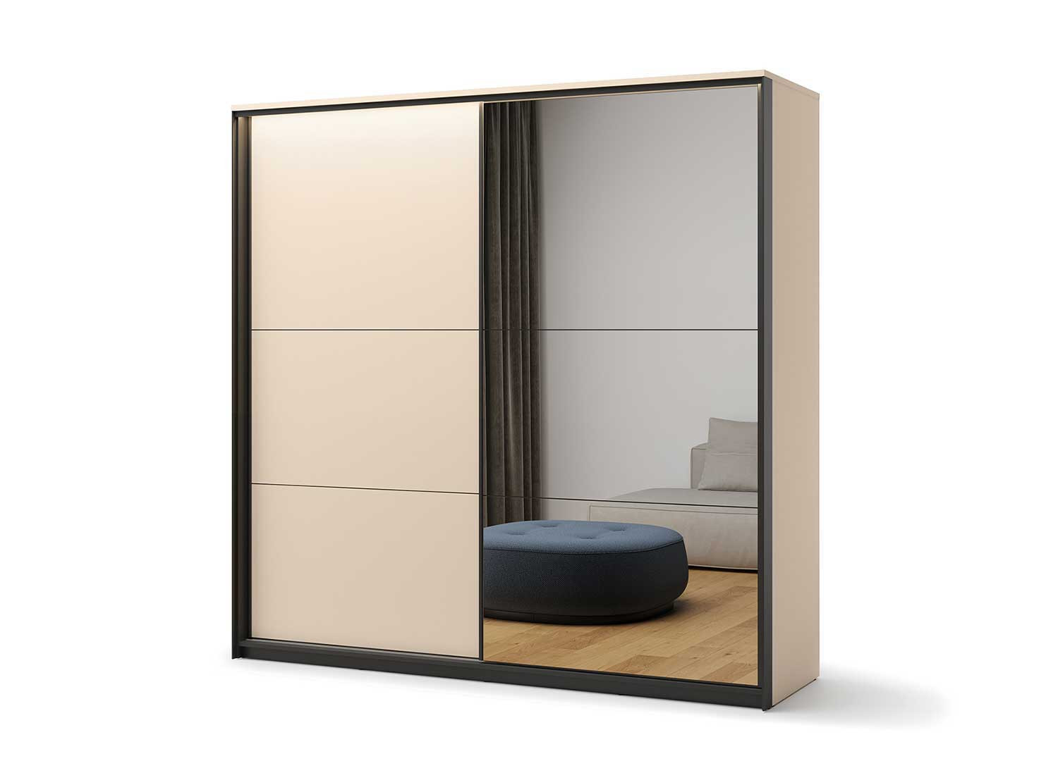 Armoire 2 portes coulissantes avec miroir beige et noir Natura