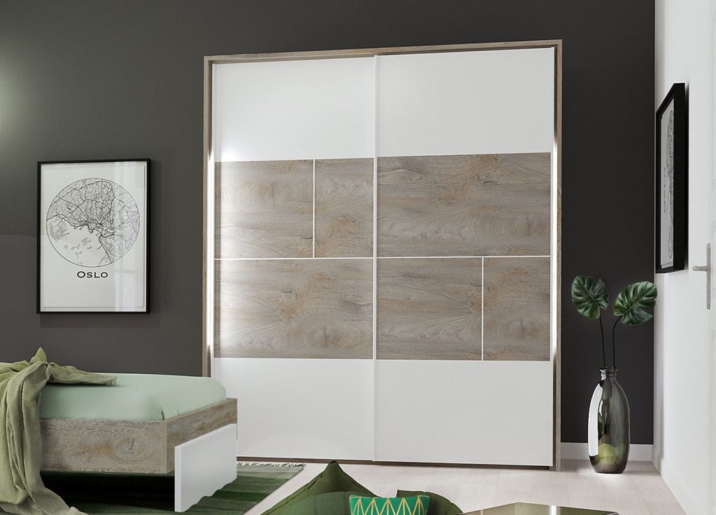 Armoire 2 portes coulissantes blanc laqué mat et bois