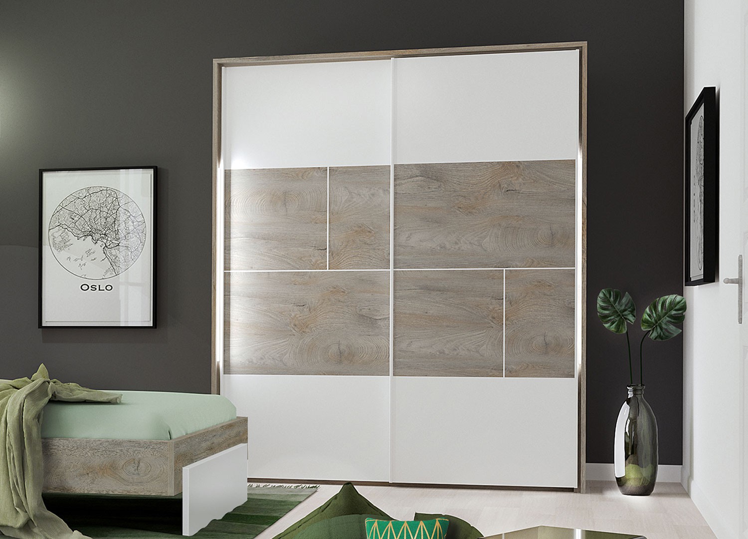 Armoire 2 portes coulissantes blanc laqué mat et bois