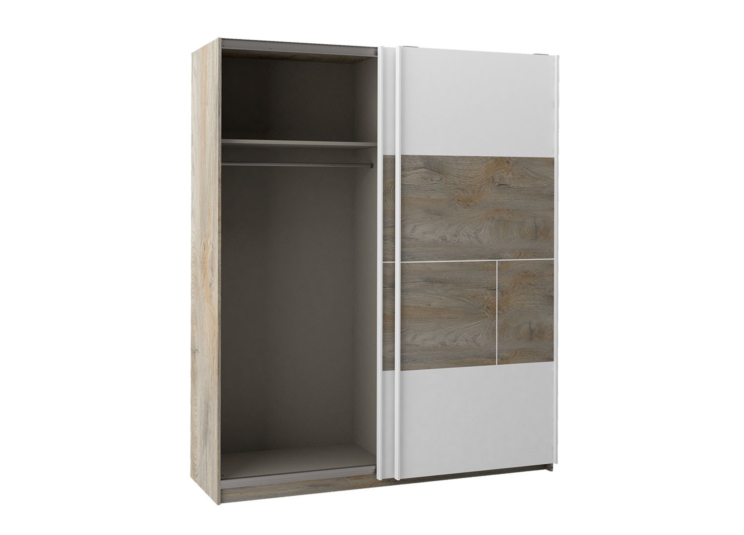 Armoire 2 portes coulissantes blanc laqué mat et bois