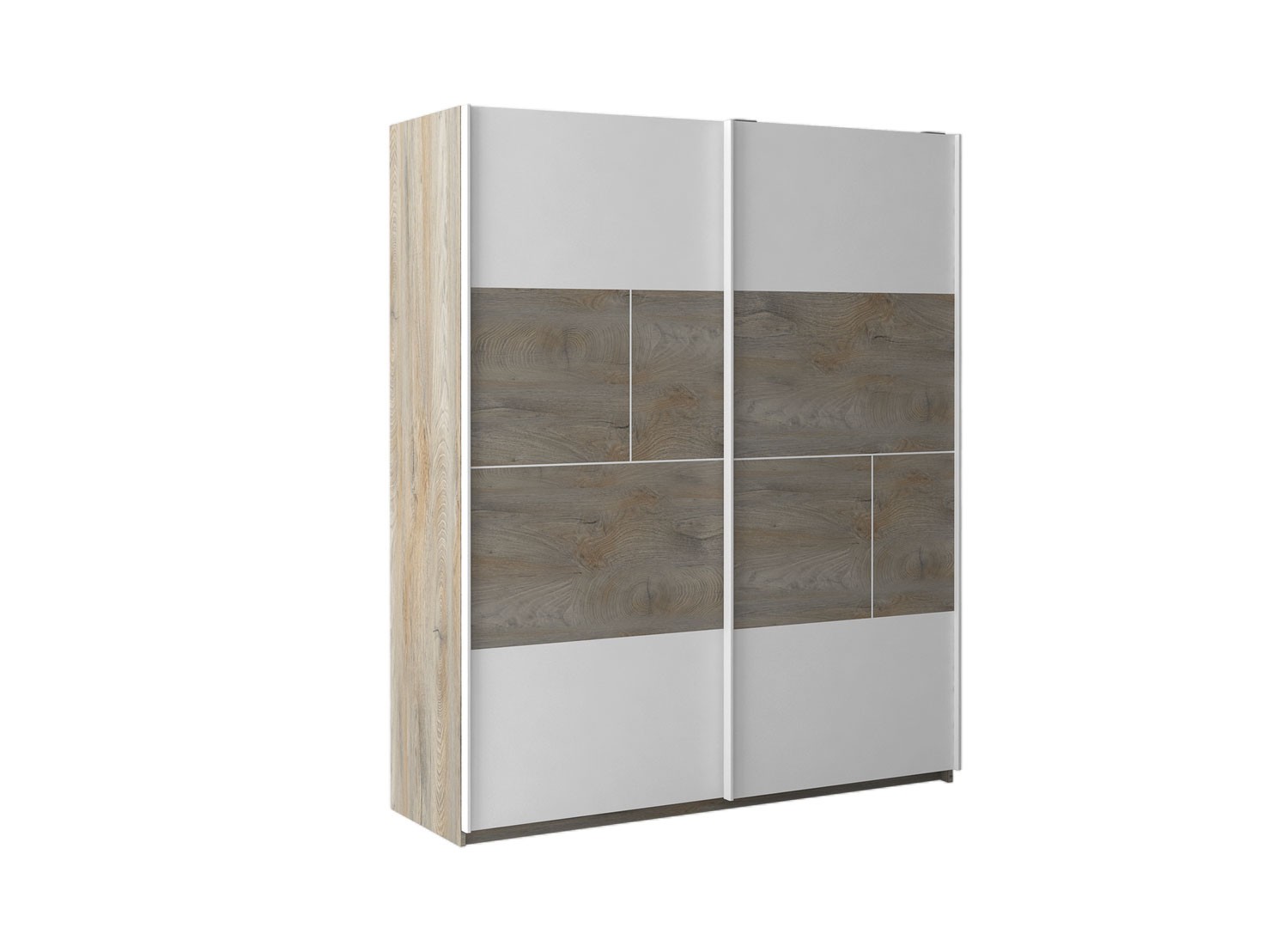 Armoire 2 portes coulissantes blanc laqué mat et bois