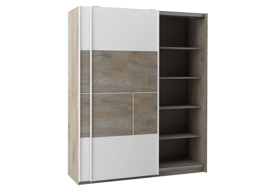 Armoire 2 portes coulissantes blanc laqué mat et bois
