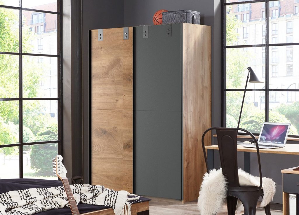 Armoire 2 portes coulissantes coloris chêne et graphite