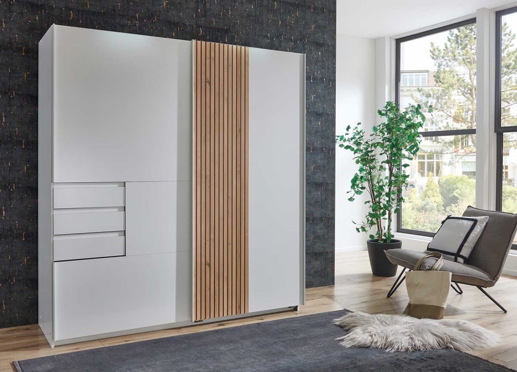 Armoire 2 portes coulissantes et 3 tiroirs 180 cm blanc et chêne