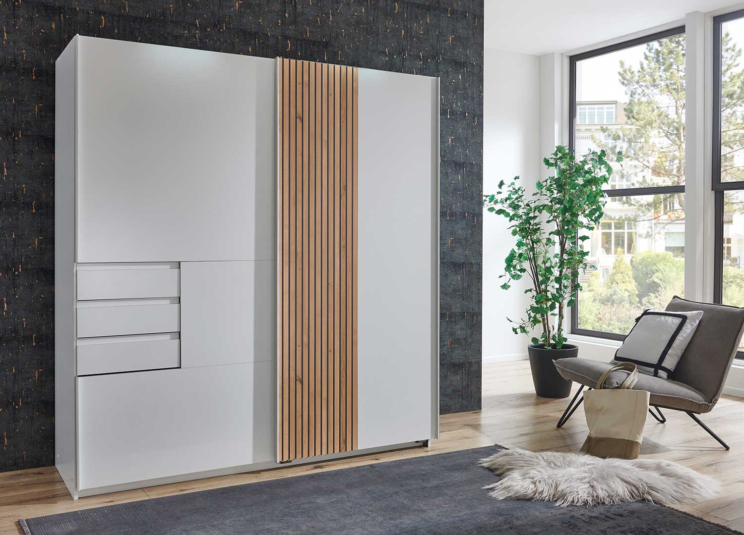 Armoire 2 portes coulissantes et 3 tiroirs 180 cm blanc et chêne