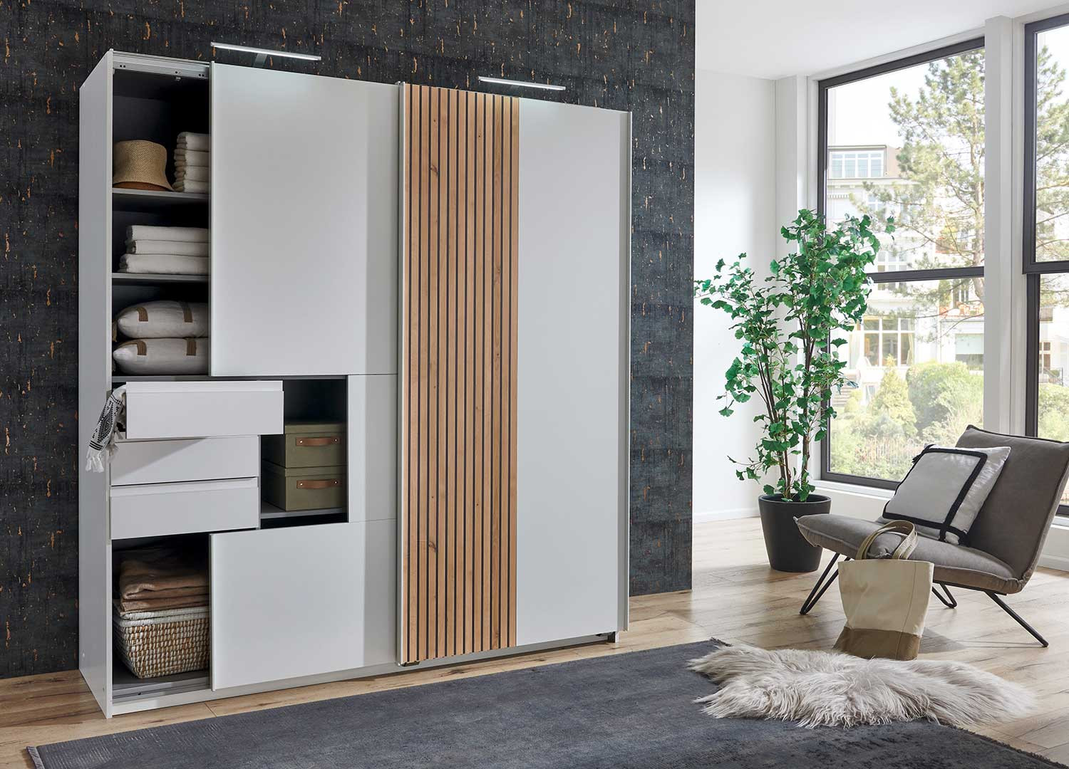 Armoire 2 portes coulissantes et 3 tiroirs 180 cm blanc et chêne