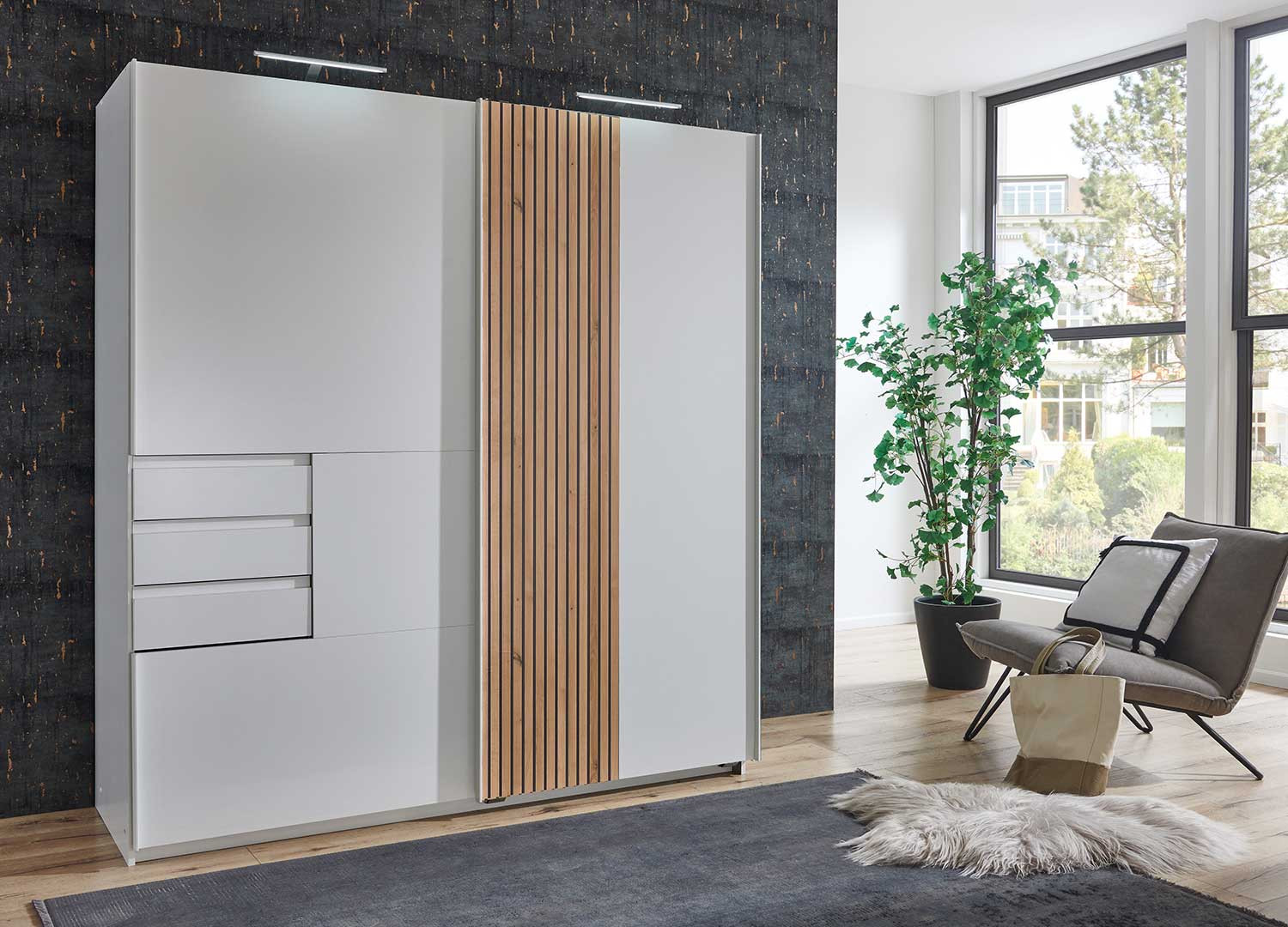 Armoire 2 portes coulissantes et 3 tiroirs 180 cm blanc et chêne