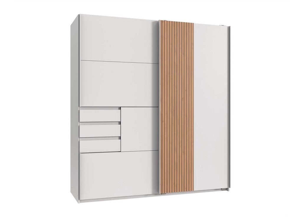 Armoire 2 portes coulissantes et 3 tiroirs 180 cm blanc et chêne