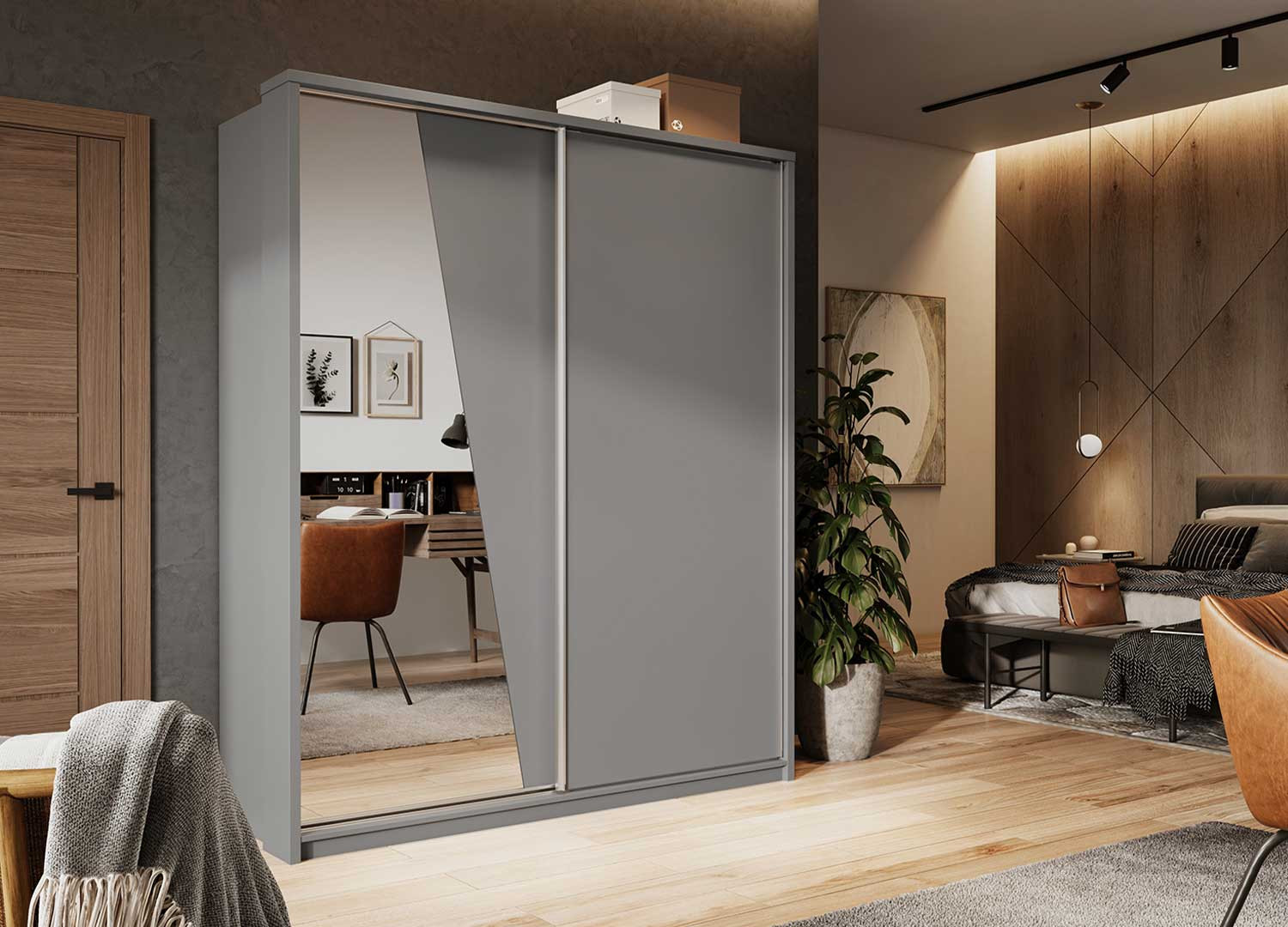 Armoire 2 portes coulissantes grise 180 cm