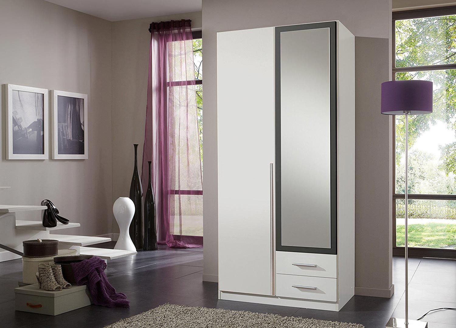 Armoire 2 portes et 2 tiroirs 90 cm avec miroir