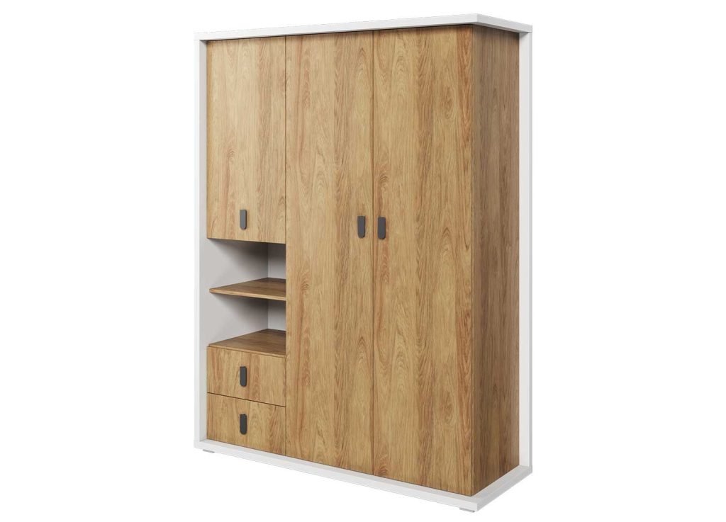 Armoire 3 portes, 2 tiroirs et 2 niches blanc et chêne