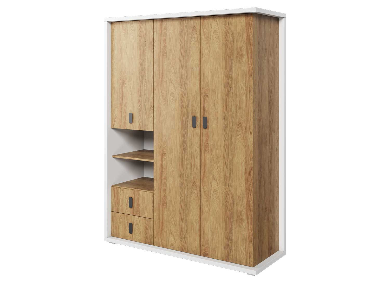 Armoire 3 portes, 2 tiroirs et 2 niches blanc et chêne