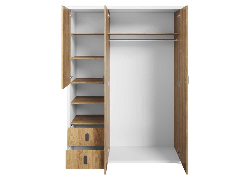 Armoire 3 portes, 2 tiroirs et 2 niches blanc et chêne