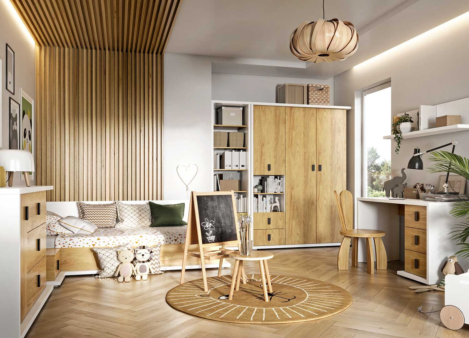 Armoire 3 portes, 2 tiroirs et 2 niches blanc et chêne