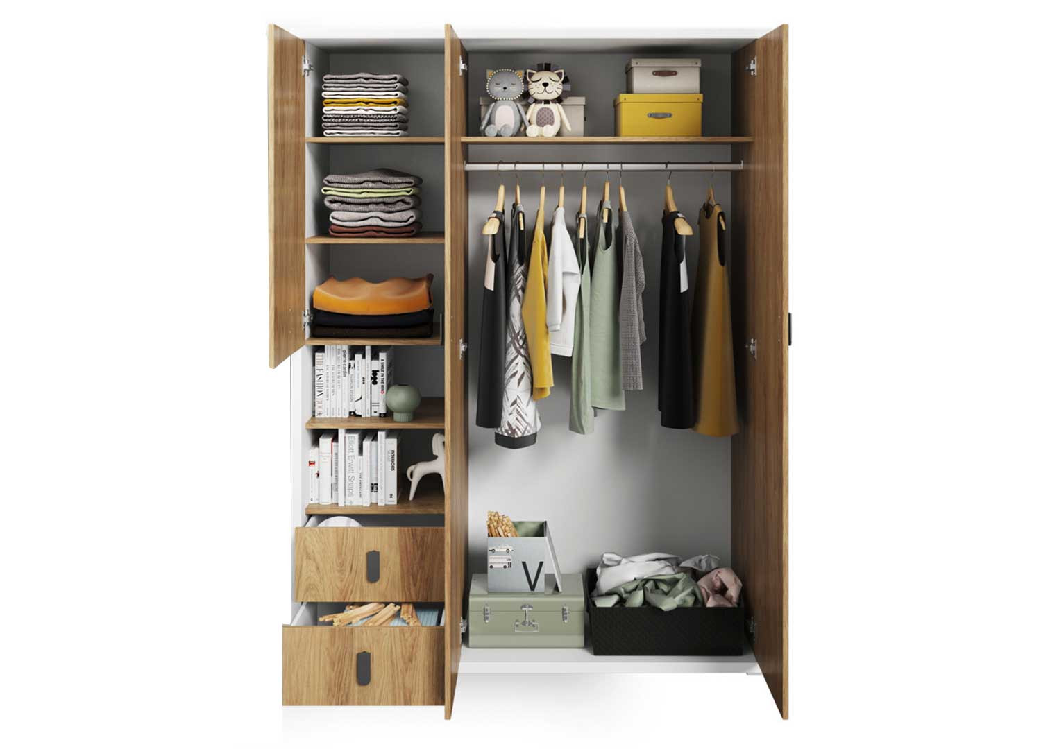 Armoire 3 portes, 2 tiroirs et 2 niches blanc et chêne