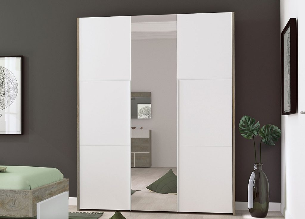 Armoire 3 portes avec miroir blanc et bois