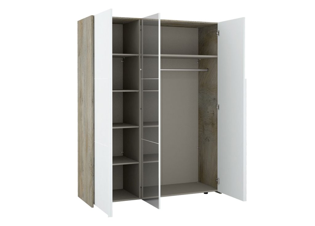 Armoire 3 portes avec miroir blanc et bois
