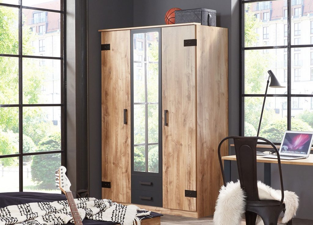 Armoire 3 portes avec miroir et 2 tiroirs coloris chêne et graphite