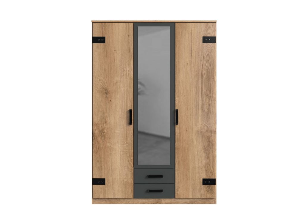 Armoire 3 portes avec miroir et 2 tiroirs coloris chêne et graphite