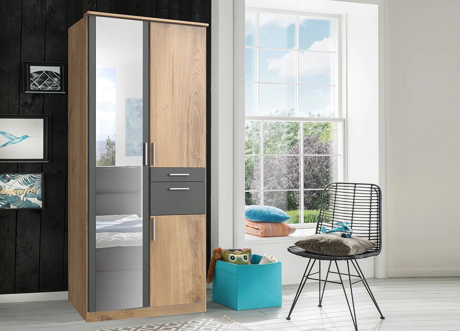 Armoire 3 portes avec miroir et tiroirs L 91 cm