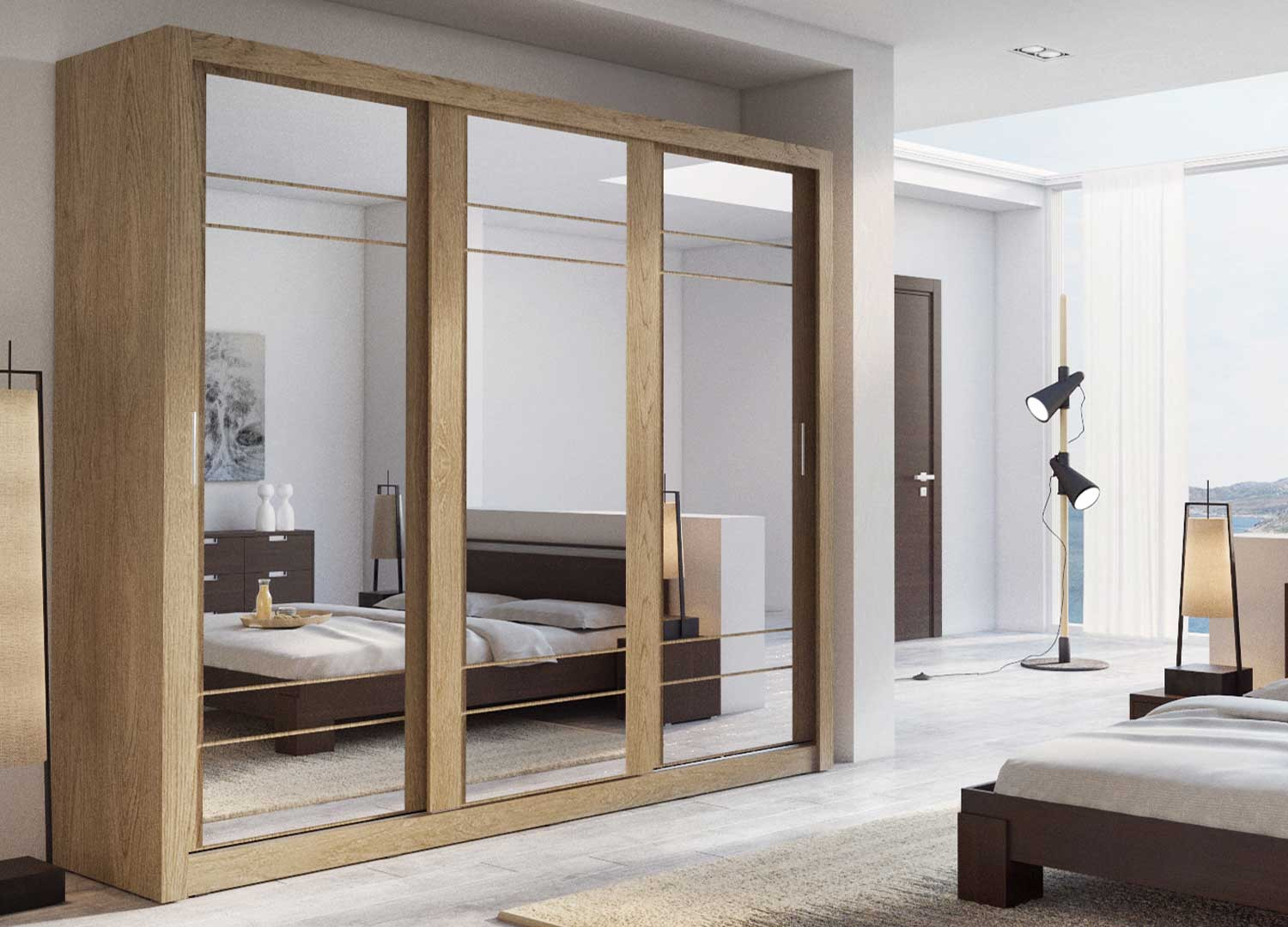 Armoire 3 portes coulissantes 250 cm chêne shetland avec miroirs