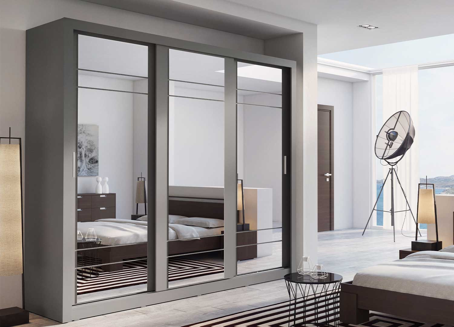 Armoire 3 portes coulissantes 250 cm grise avec miroirs