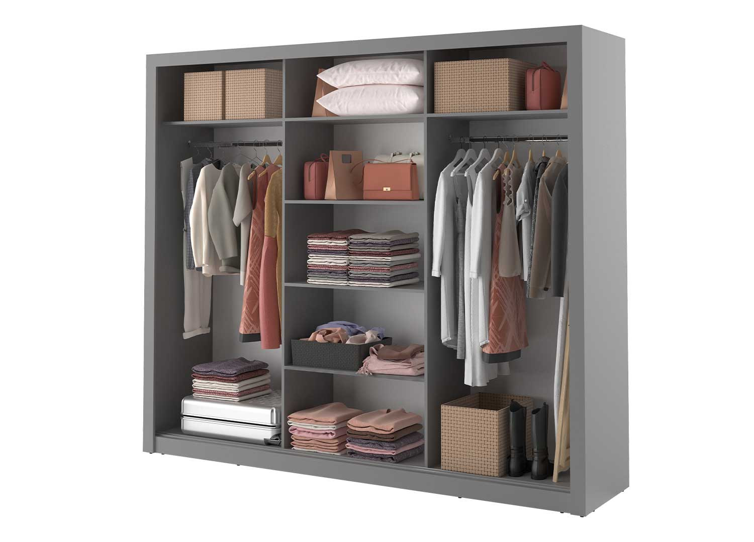 Armoire 3 portes coulissantes 250 cm grise avec miroirs