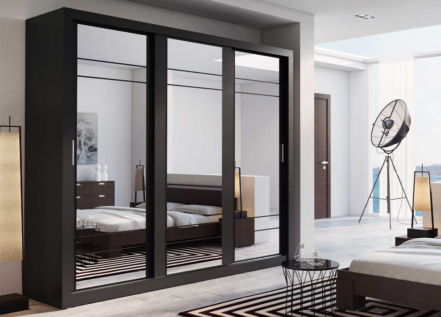 Armoire 3 portes coulissantes 250 cm noire avec miroirs