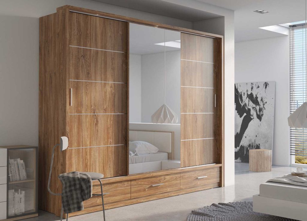 Armoire 3 portes coulissantes et 3 tiroirs 250 cm chêne stirling