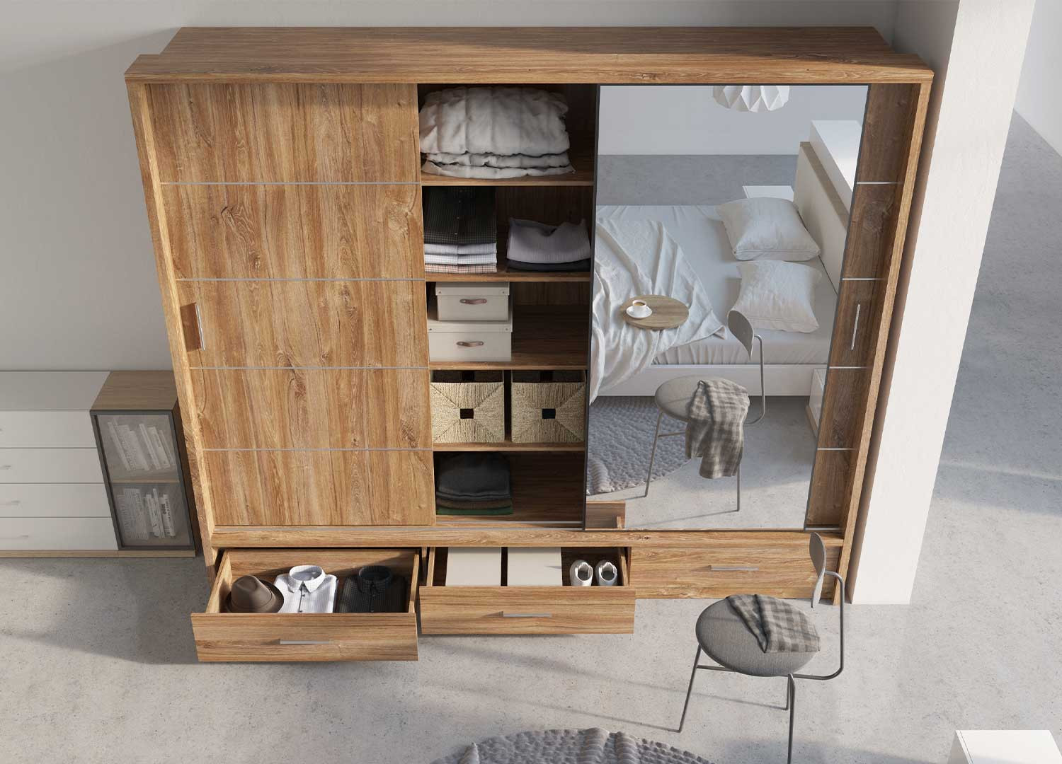 Armoire 3 portes coulissantes et 3 tiroirs 250 cm chêne stryrling