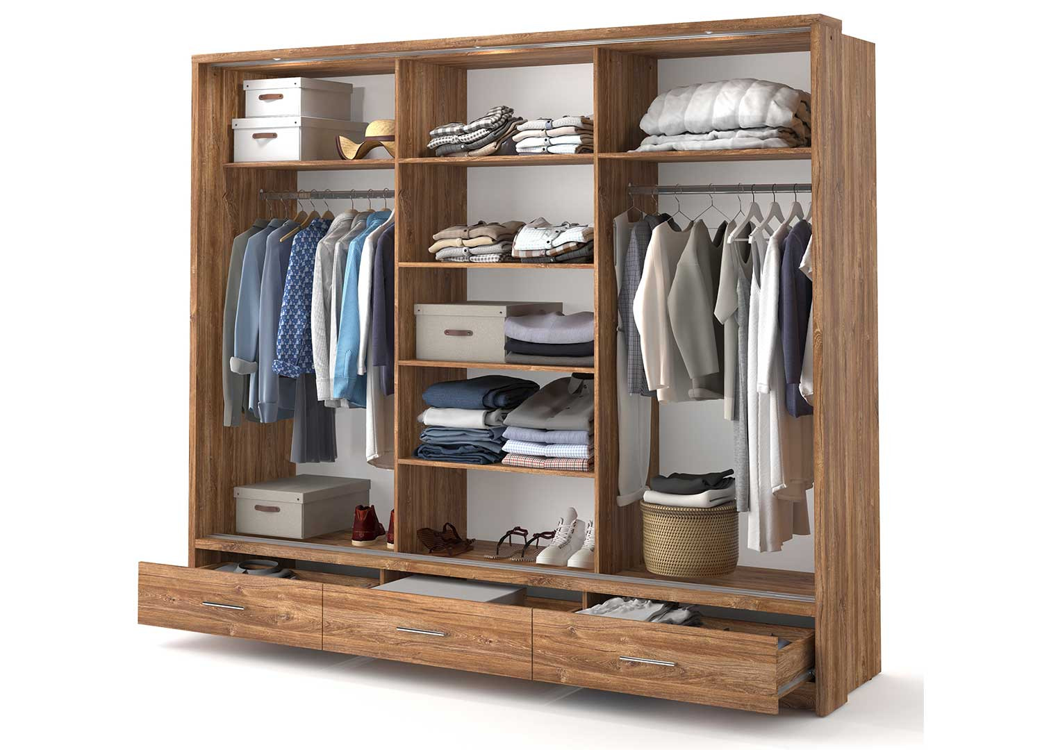Armoire 3 portes coulissantes et 3 tiroirs 250 cm chêne stryrling