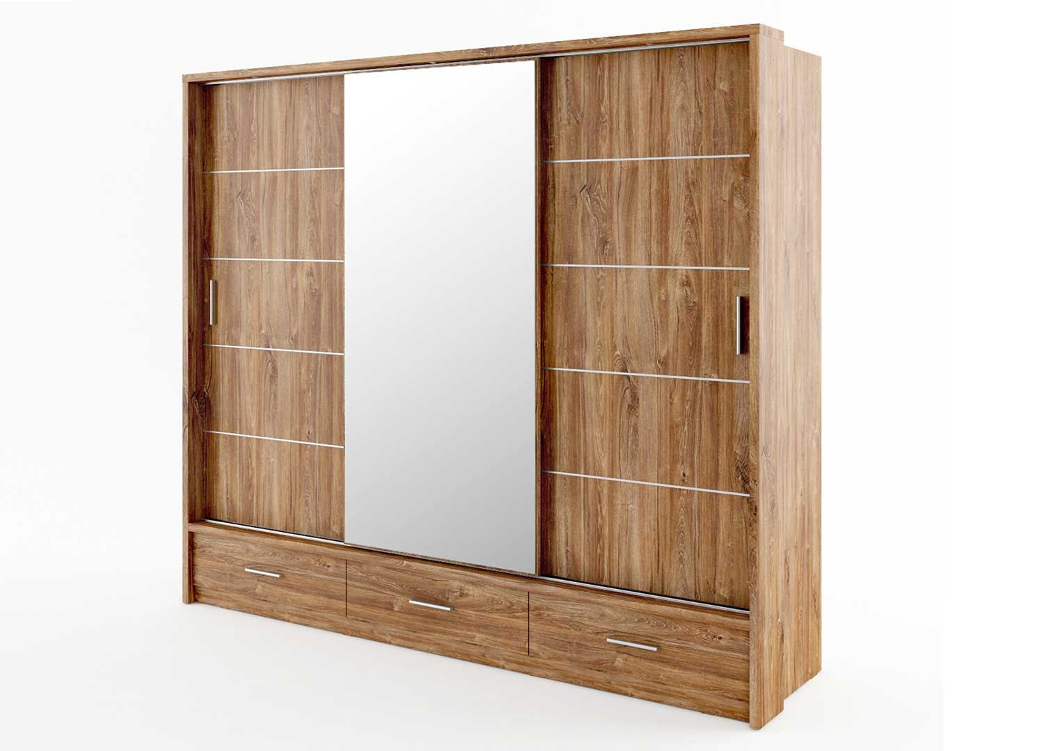Armoire 3 portes coulissantes et 3 tiroirs 250 cm chêne stryrling