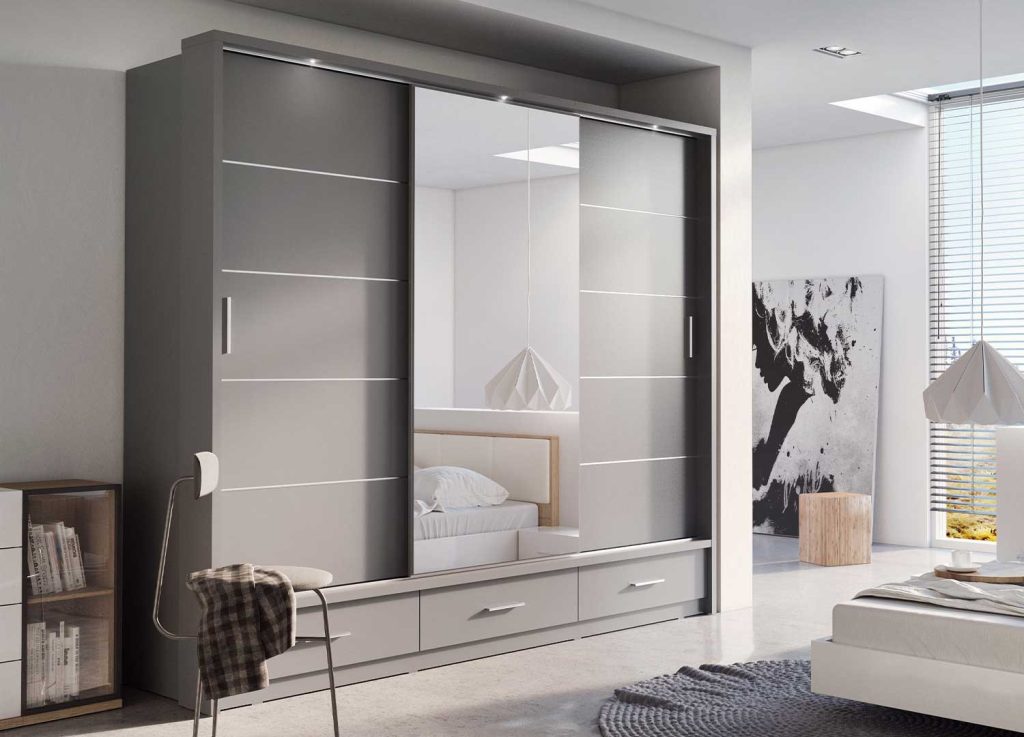 Armoire 3 portes coulissantes et 3 tiroirs 250 cm grise