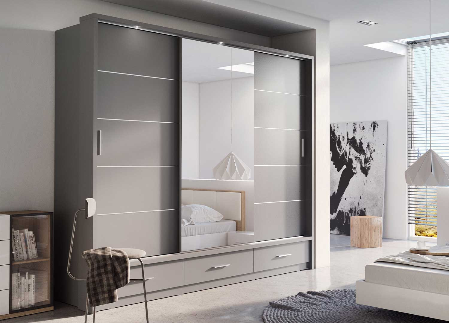 Armoire 3 portes coulissantes et 3 tiroirs 250 cm grise