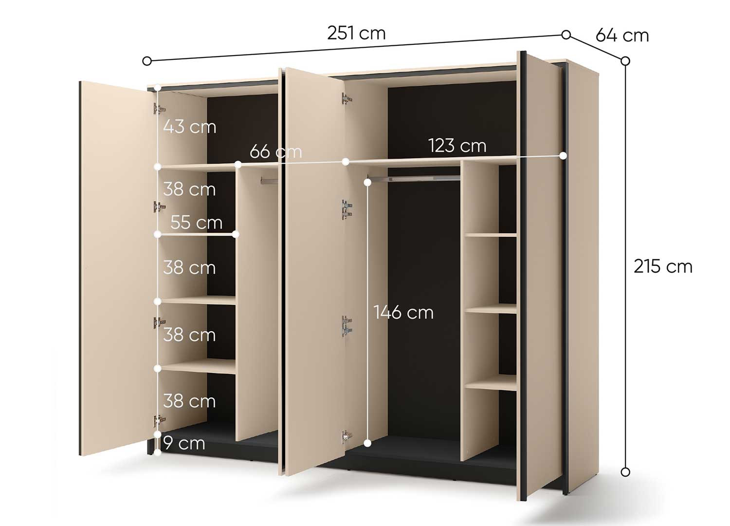 Armoire 4 portes avec miroir beige et noir Natura