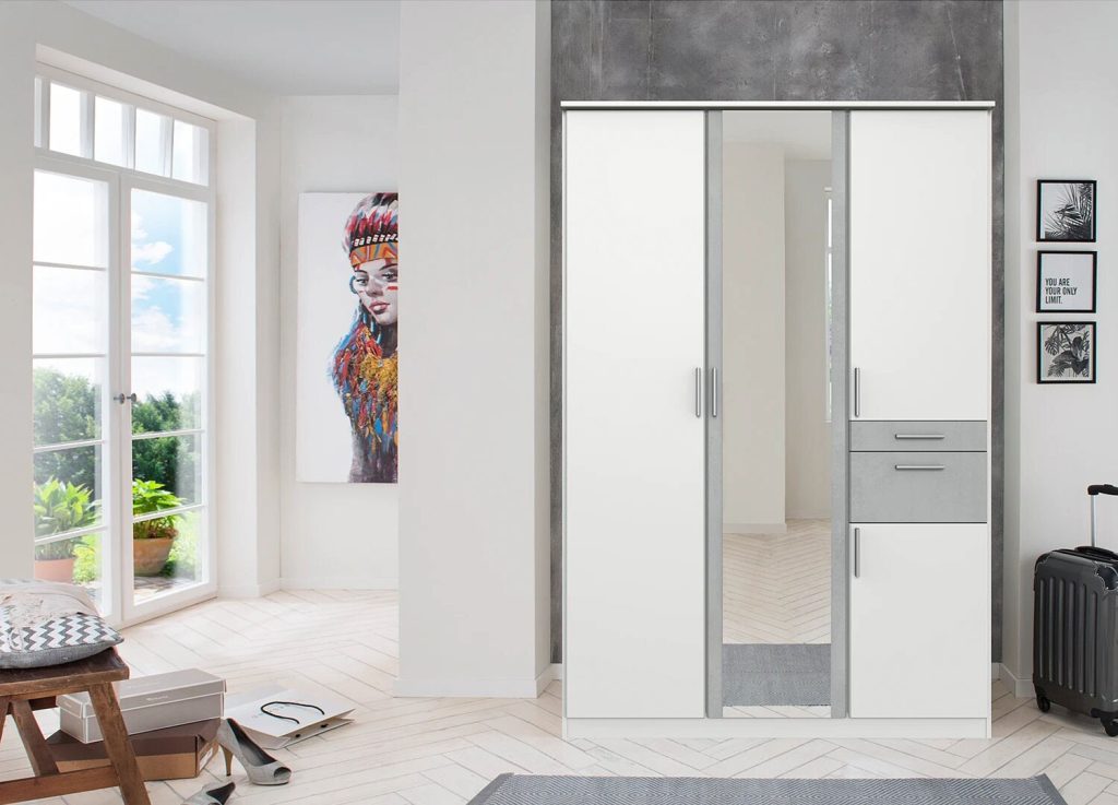 Armoire 4 portes avec miroir et tiroirs L 135 cm